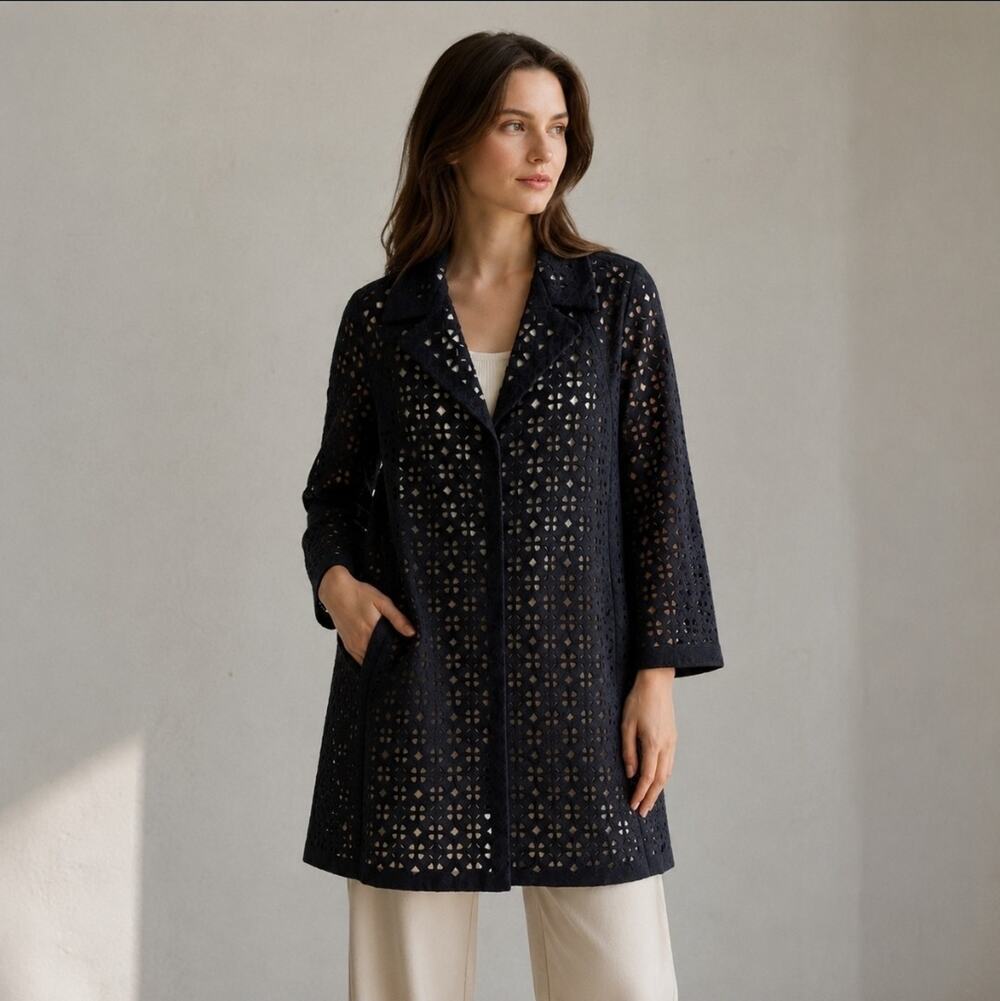 Elie Tahari Sz XS Eyelet Laser-Cut Geometric Midi Coat Black Luxury Wool Blend